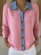 Gebreide cardigan dames met polokraag, knoopsluiting en denim details 3