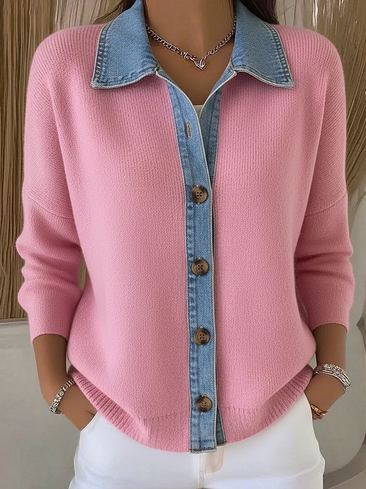Gebreide cardigan dames met polokraag, knoopsluiting en denim details 3