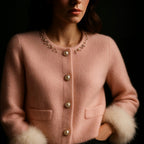 Gebreide cardigan dames van wol met pareldetails en bontranden 1