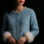 Gebreide cardigan dames van wol met pareldetails en bontranden 2