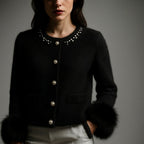 Gebreide cardigan dames van wol met pareldetails en bontranden 3