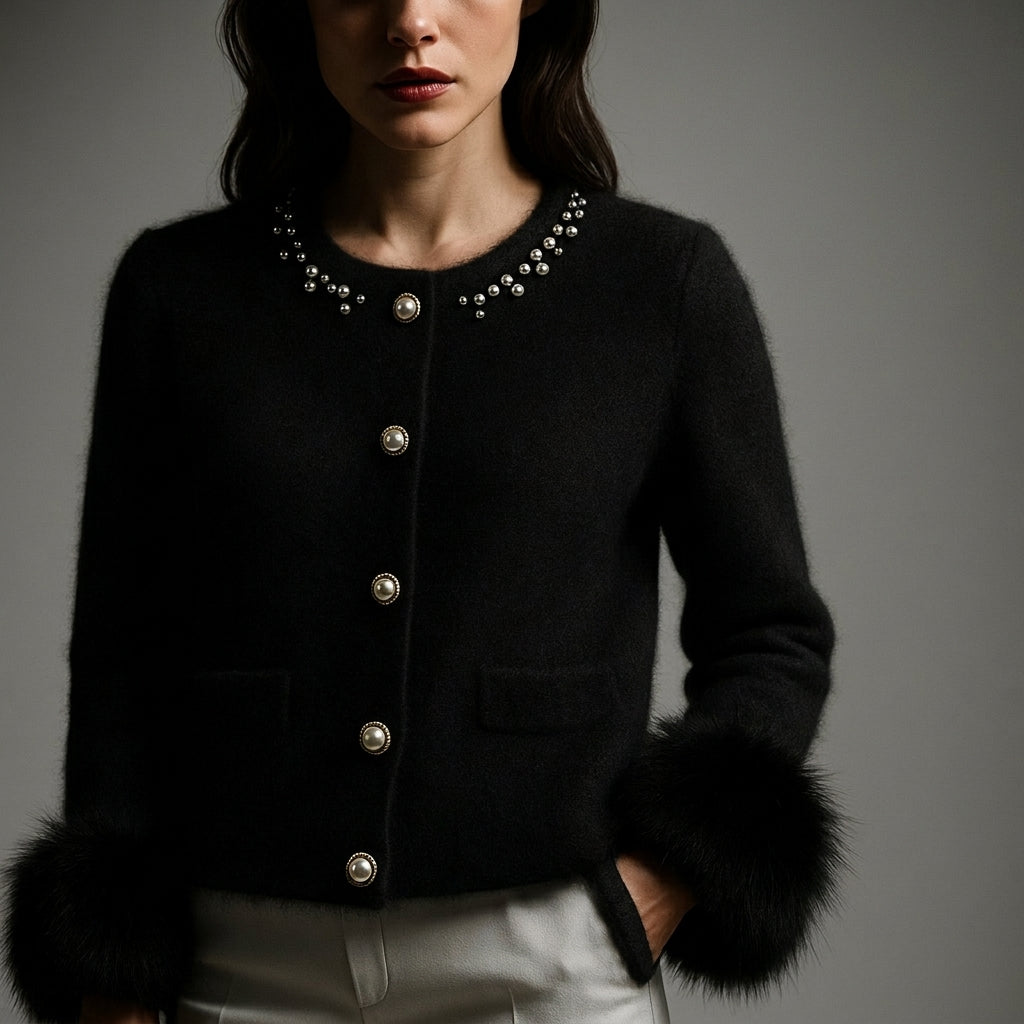 Gebreide cardigan dames van wol met pareldetails en bontranden 3