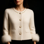 Gebreide cardigan dames van wol met pareldetails en bontranden 4