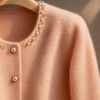 Gebreide cardigan dames van wol met pareldetails en bontranden 5