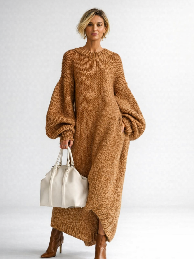 Gebreide jurk dames oversized maxi met ronde hals 1
