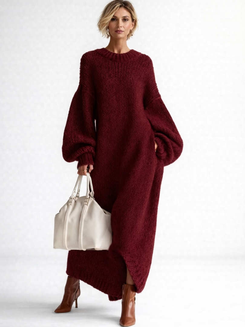 Gebreide jurk dames oversized maxi met ronde hals 2
