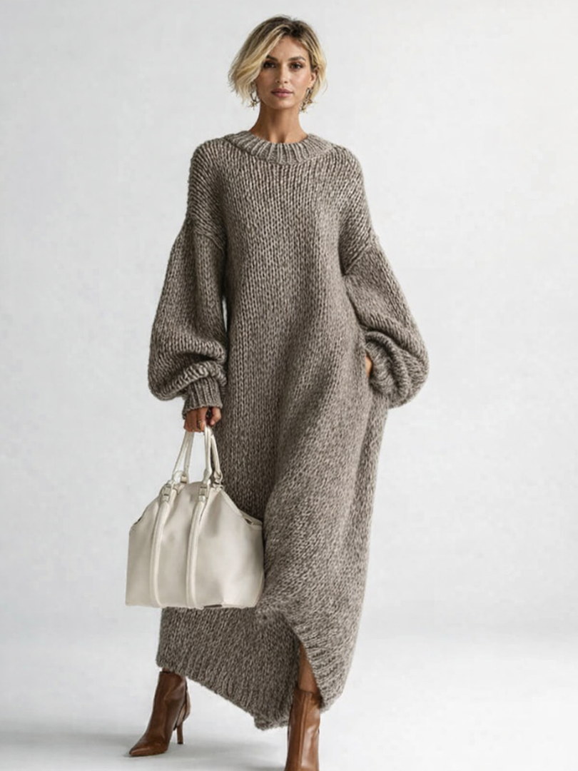 Gebreide jurk dames oversized maxi met ronde hals 3