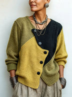 Gebreide trui dames met colorblock en asymmetrische knopen 1