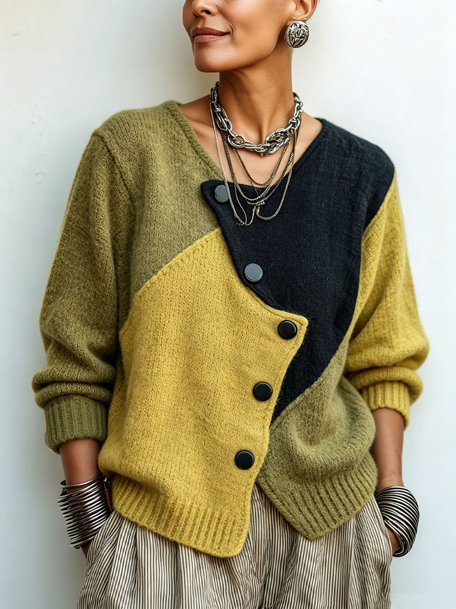Gebreide trui dames met colorblock en asymmetrische knopen 1