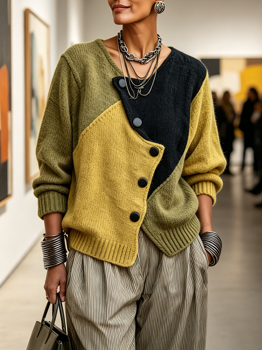 Gebreide trui dames met colorblock en asymmetrische knopen 3
