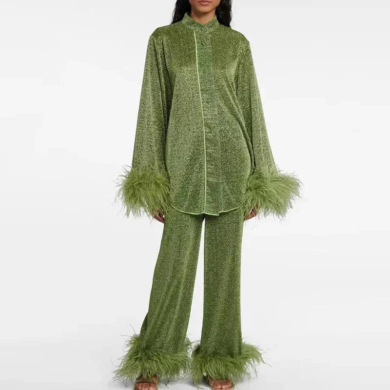Gebreide tweedelige set dames met verentrim en glans 3
