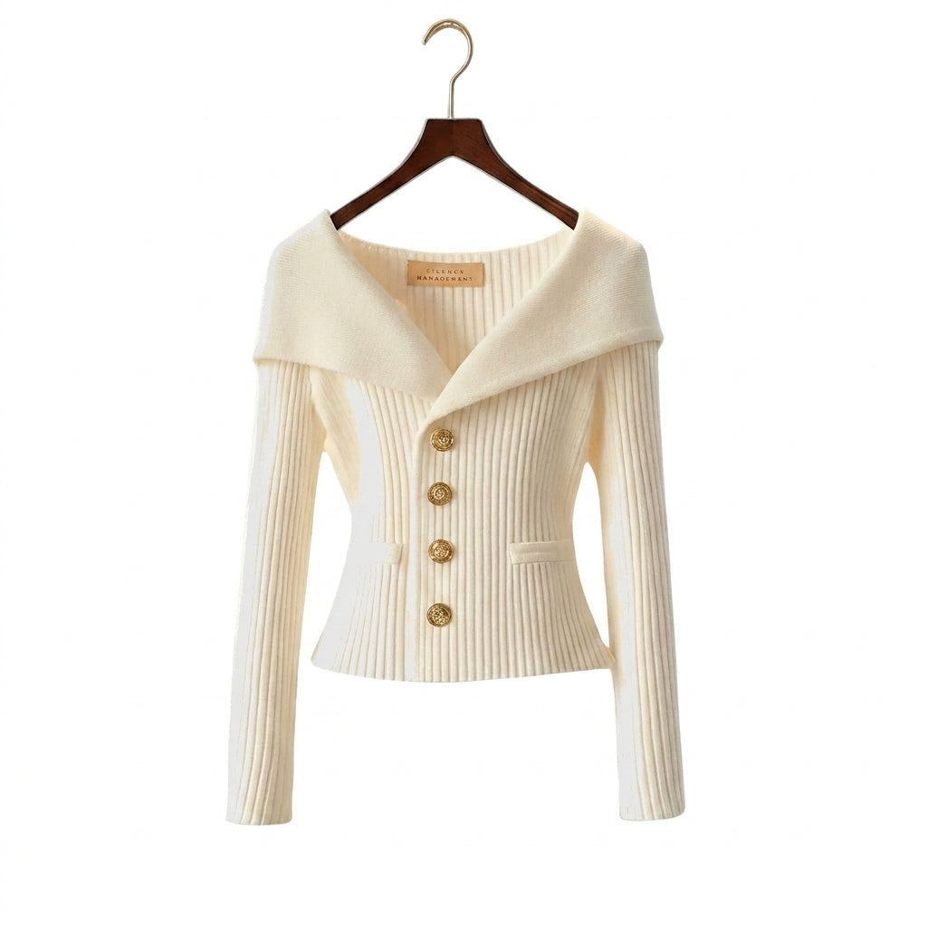 Geribd vest dames met off-shoulder kraag en sierknopen 1