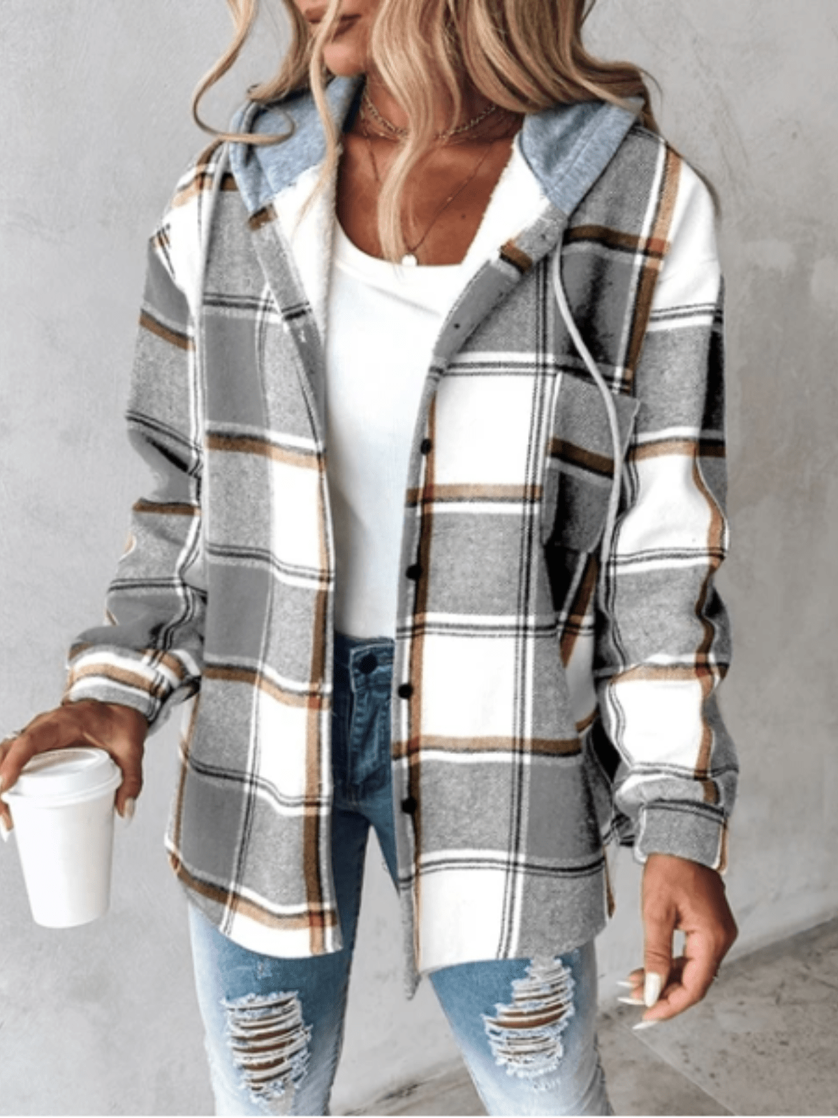 Geruit flanellen overshirt dames met capuchon en knoopsluiting 1