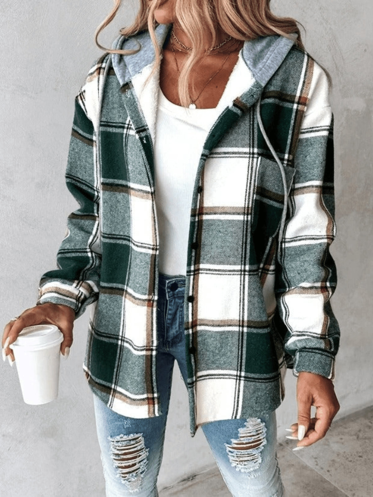 Geruit flanellen overshirt dames met capuchon en knoopsluiting 2