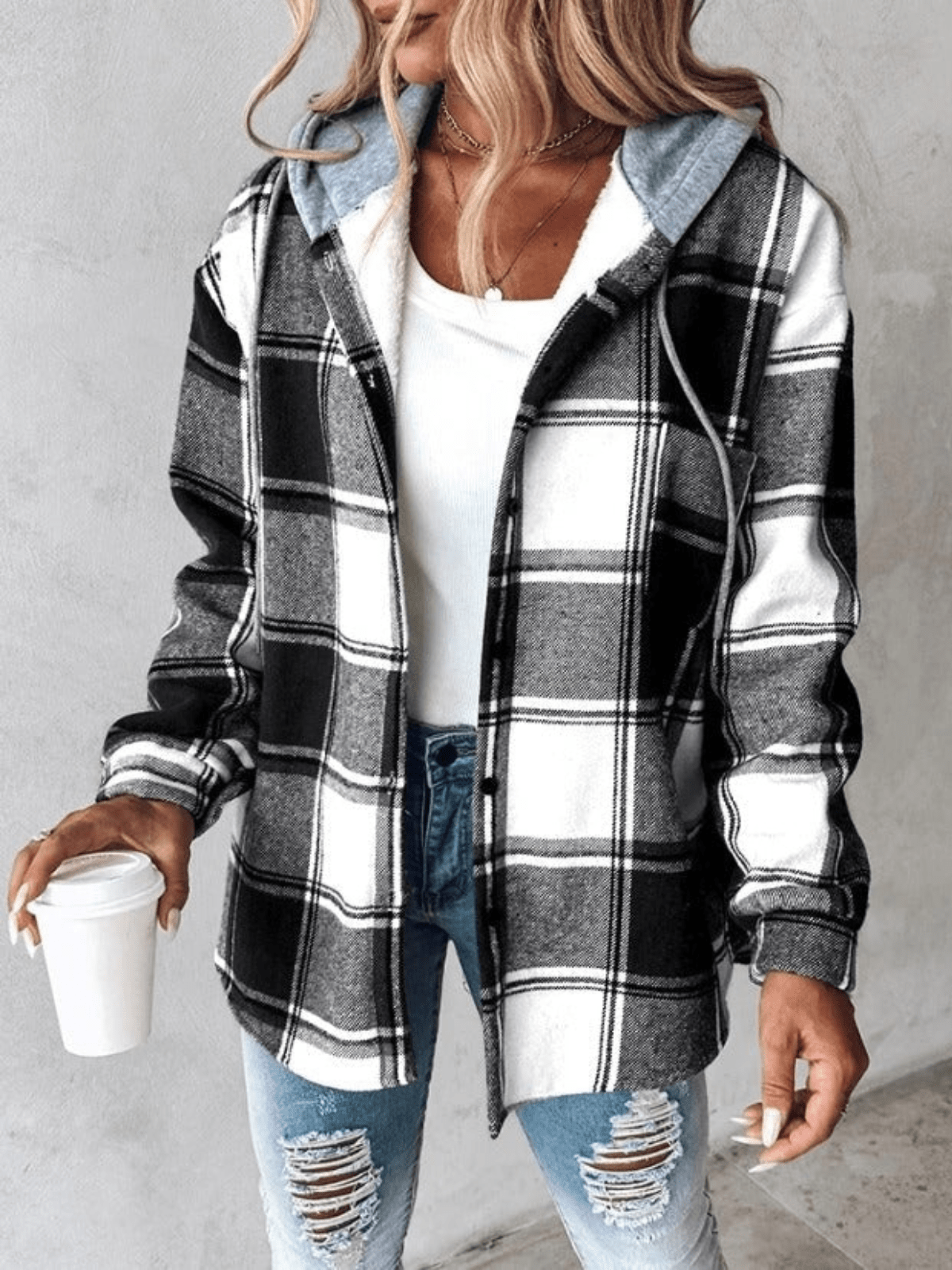 Geruit flanellen overshirt dames met capuchon en knoopsluiting 3