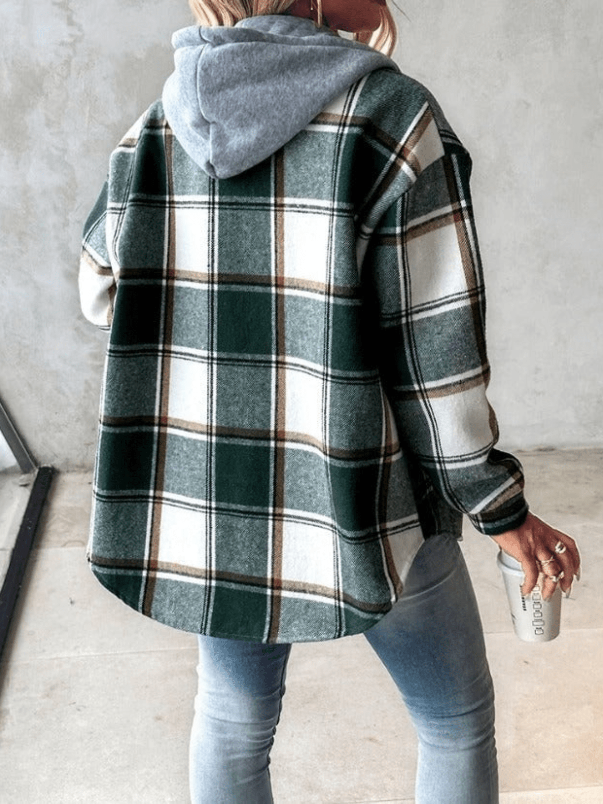 Geruit flanellen overshirt dames met capuchon en knoopsluiting 5