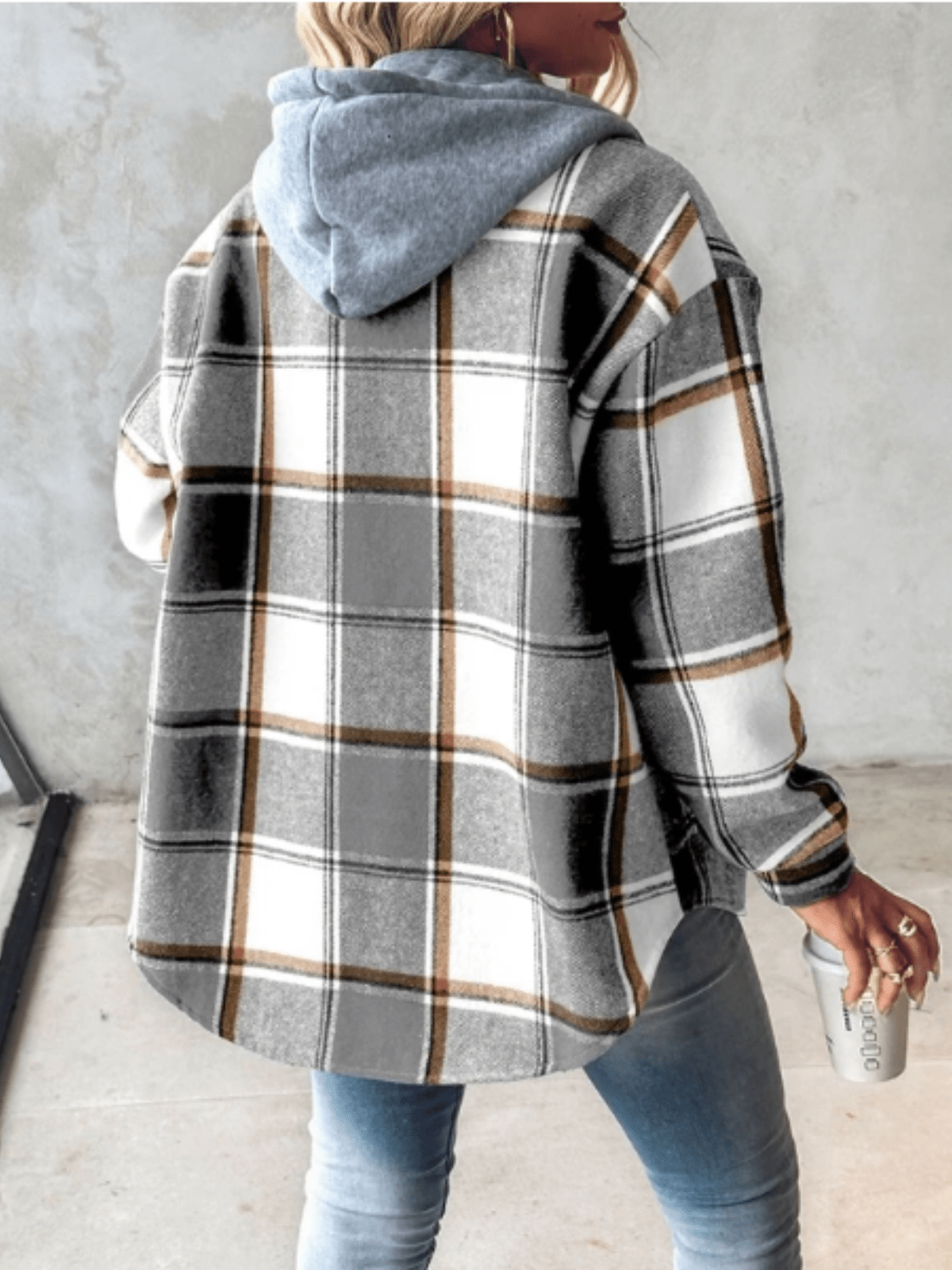 Geruit flanellen overshirt dames met capuchon en knoopsluiting 7