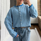 Gestreepte cardigan dames met knopen, opstaande kraag en lange mouwen 4