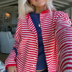 Gestreepte cardigan dames met knopen, opstaande kraag en lange mouwen 9