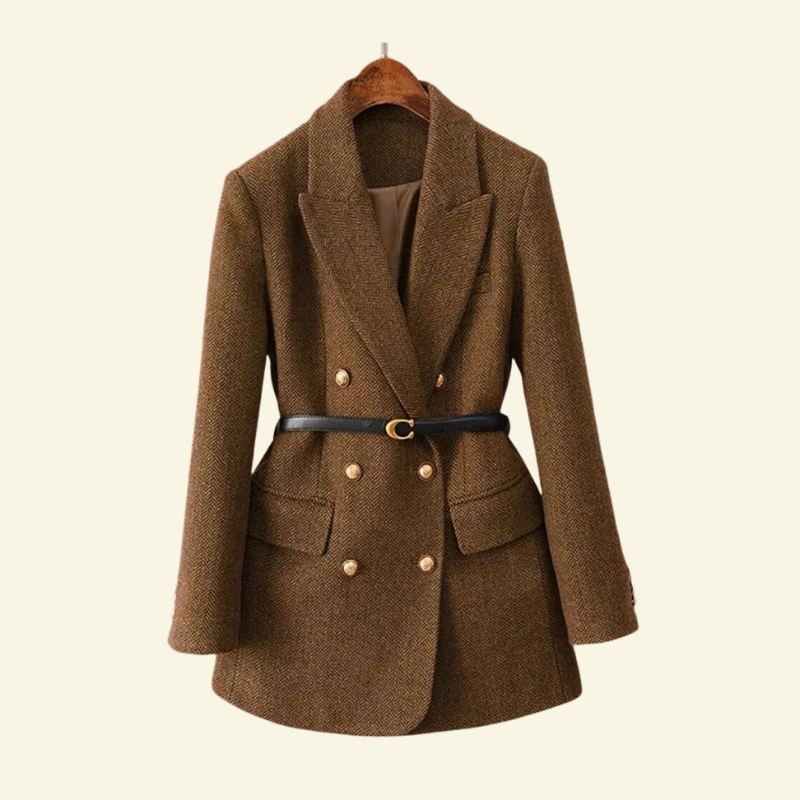 Getailleerd tweed jasje dames met dubbele rij knopen en ceintuur 1