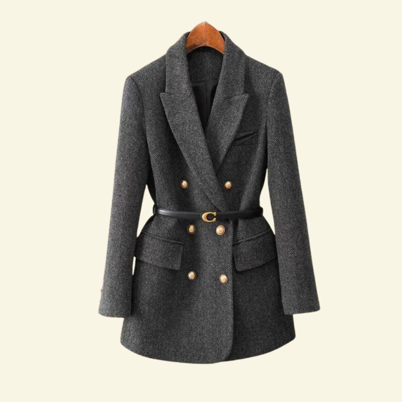 Getailleerd tweed jasje dames met dubbele rij knopen en ceintuur 2