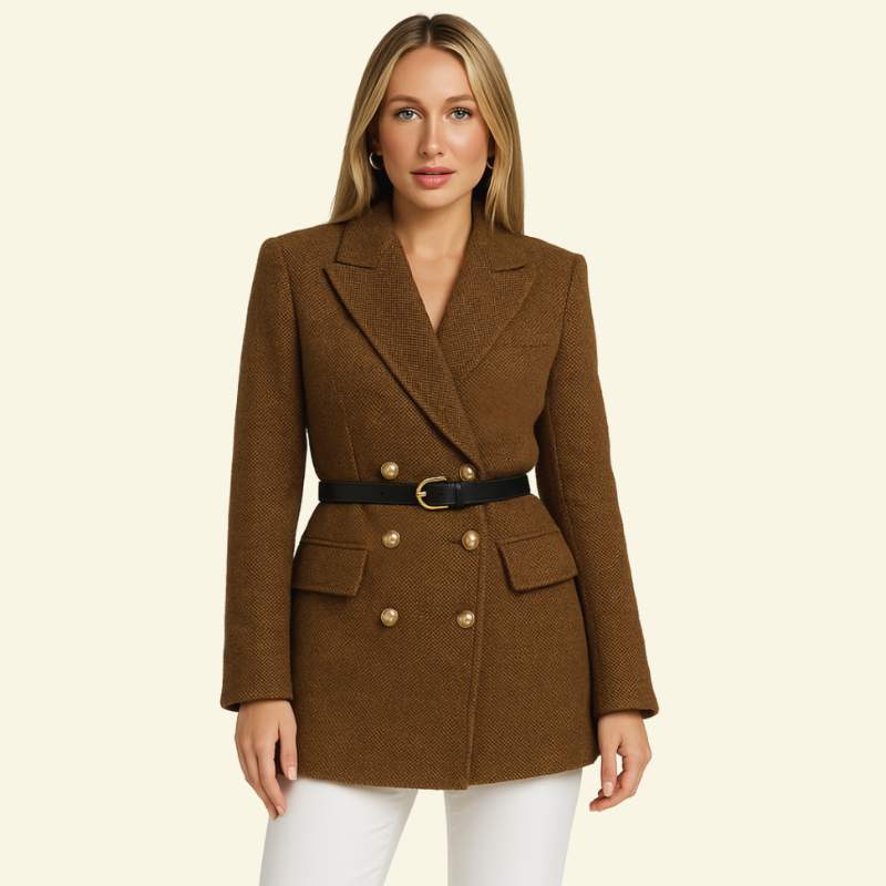 Getailleerd tweed jasje dames met dubbele rij knopen en ceintuur 3