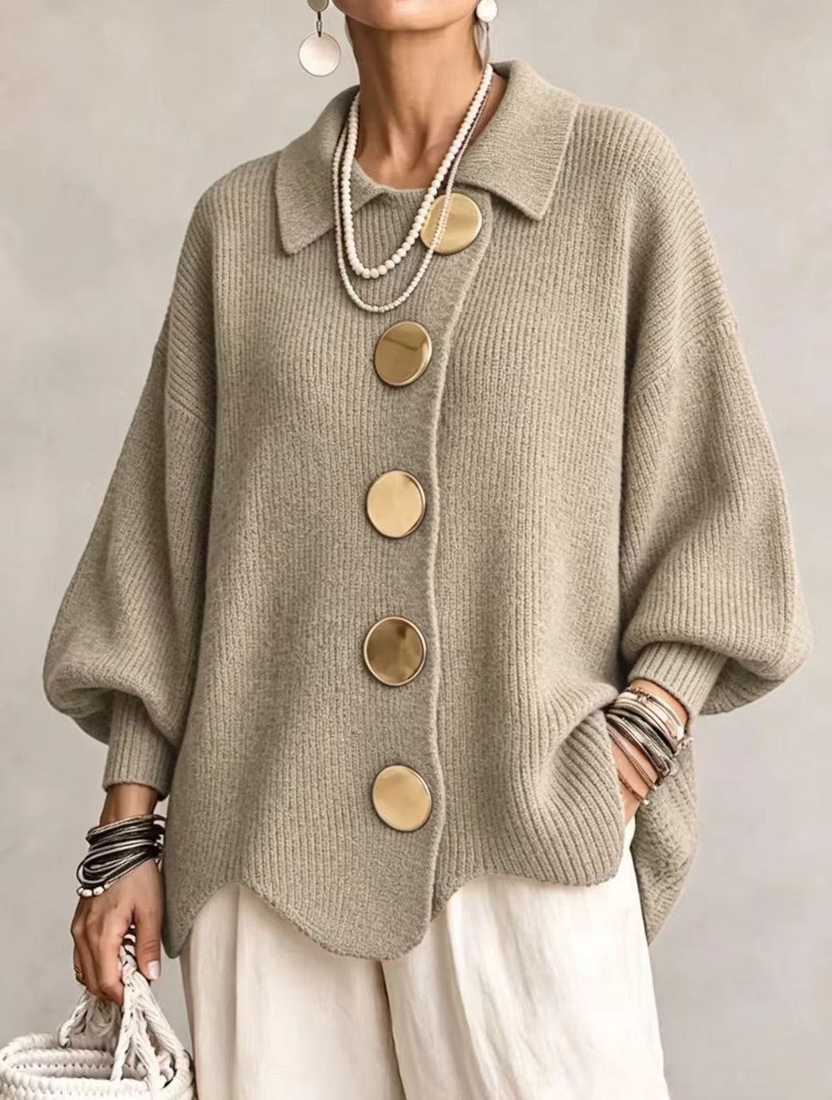 Grofgebreid vest dames oversize met grote kraag en knopen 10
