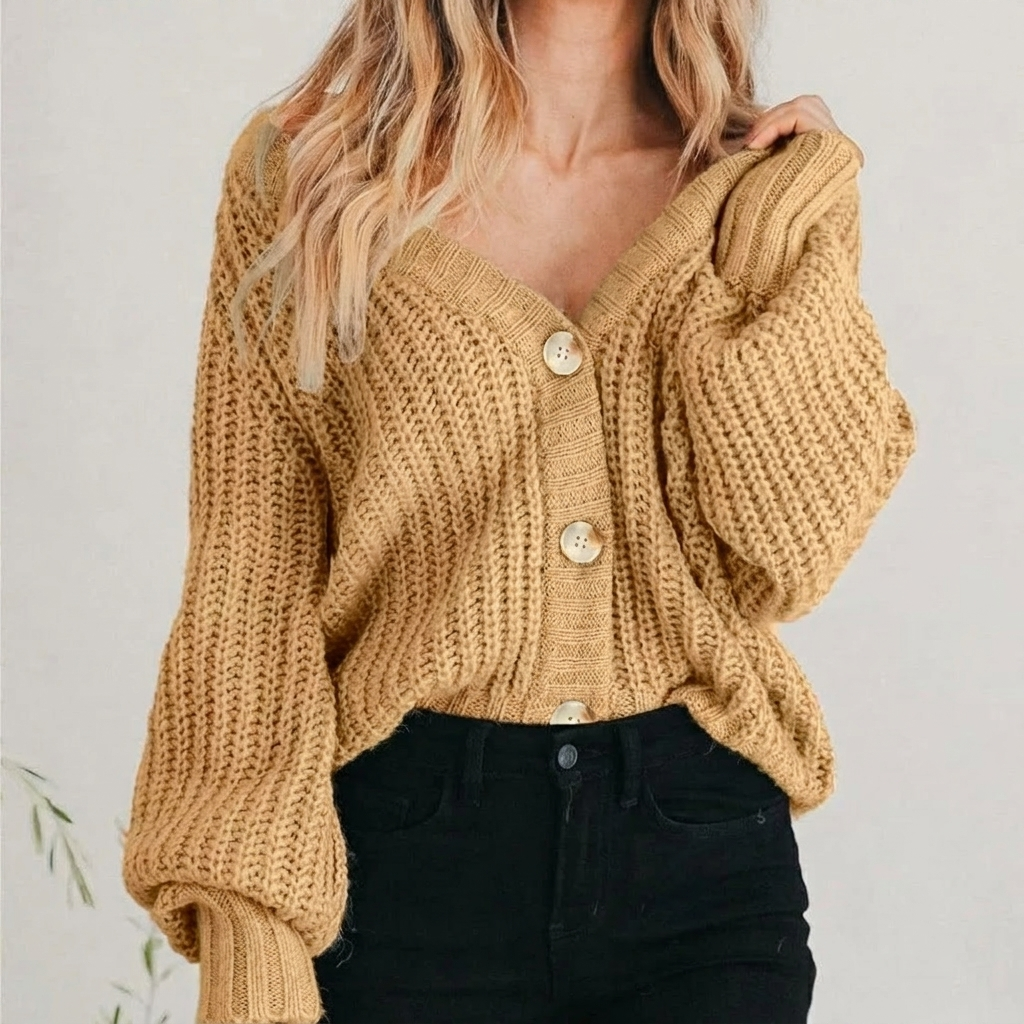 Grofgebreid vest dames oversized met V-hals en ballonmouwen 1
