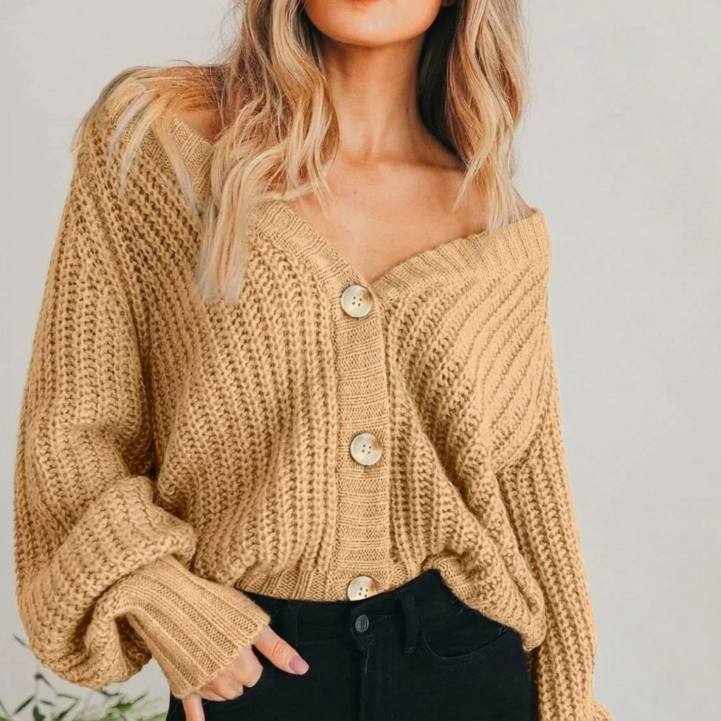 Grofgebreid vest dames oversized met V-hals en ballonmouwen 4