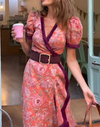Maxi-jurk dames met korte mouwen en getailleerde taille