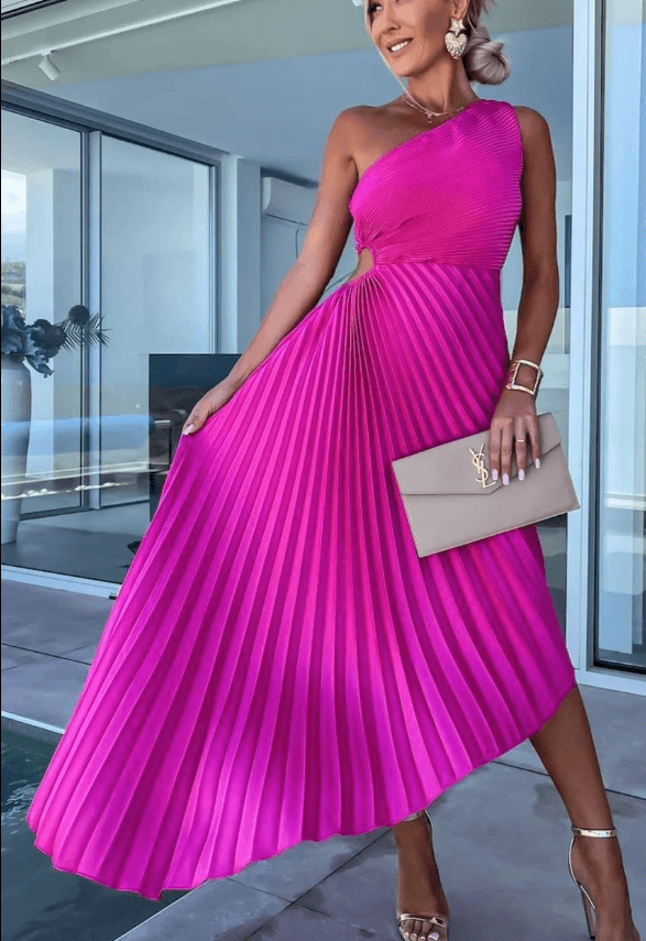 Yaselle - Asymmetrische midi jurk met één schouder en plooien dames