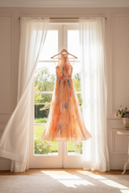 Flavie - Perzikkleurige bloemen maxi jurk met halternek voor bruiloftsgasten dames