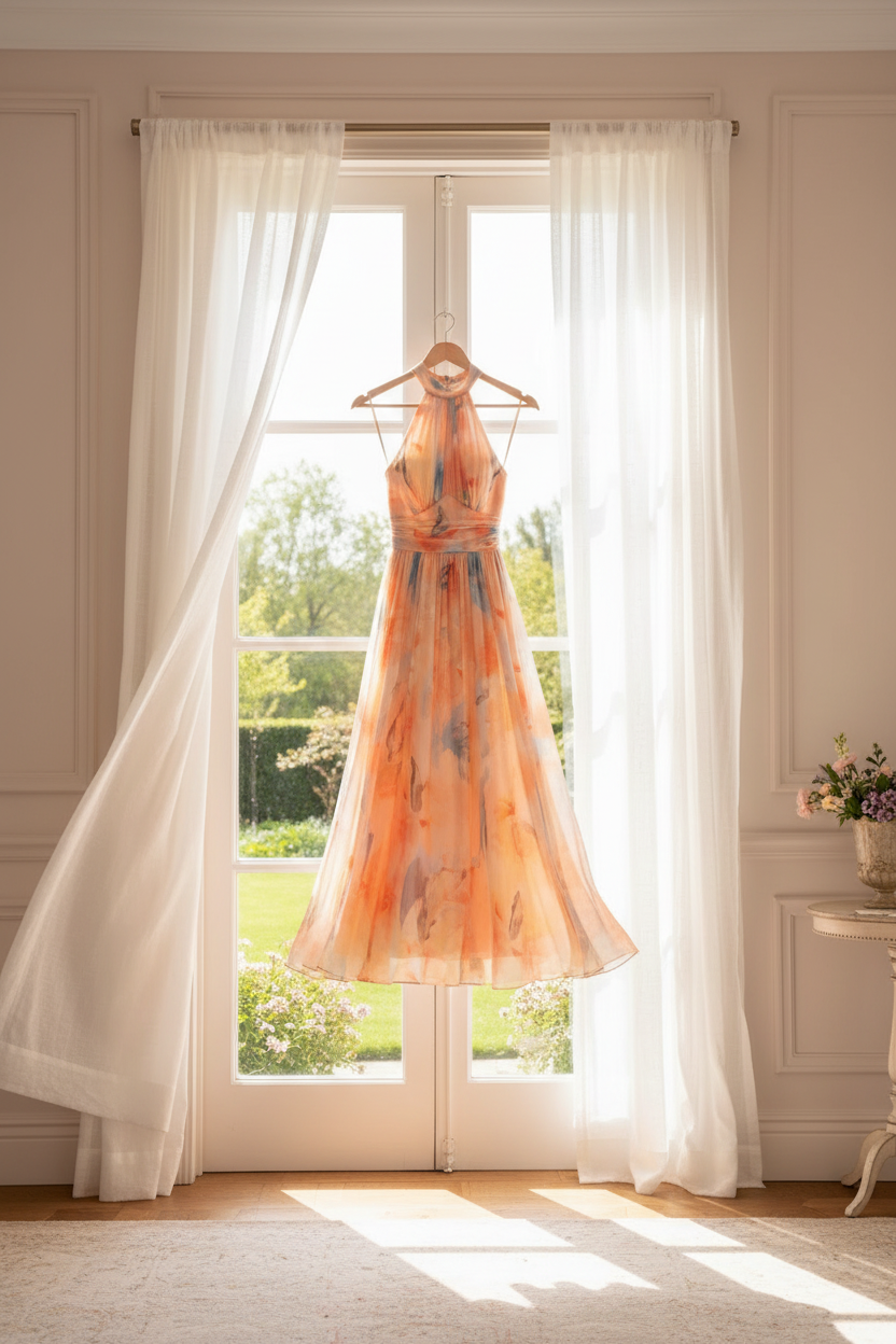 Flavie - Perzikkleurige bloemen maxi jurk met halternek voor bruiloftsgasten dames