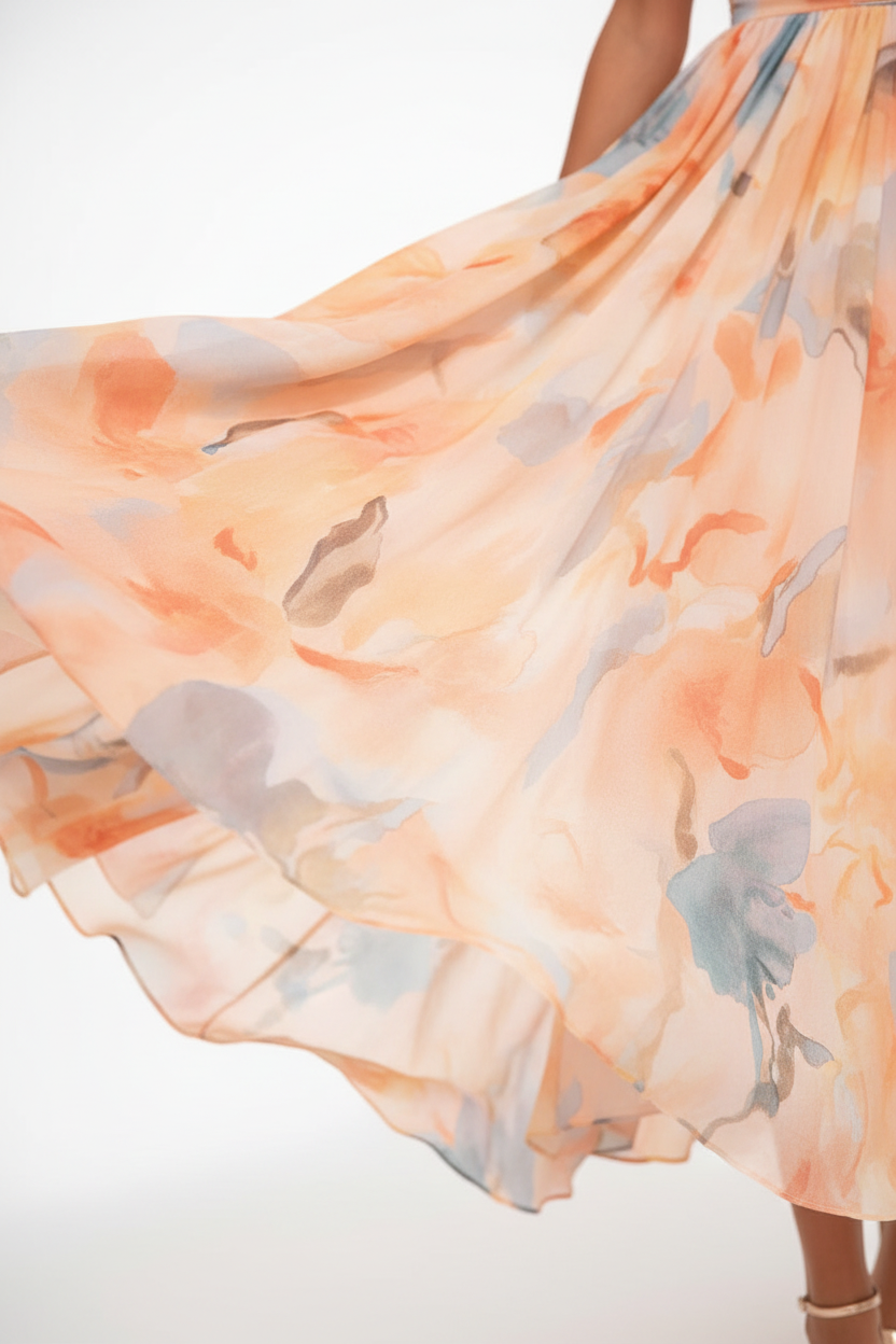 Flavie - Perzikkleurige bloemen maxi jurk met halternek voor bruiloftsgasten dames
