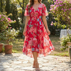 Midi zomerjurk dames met bloemenprint en korte mouwen