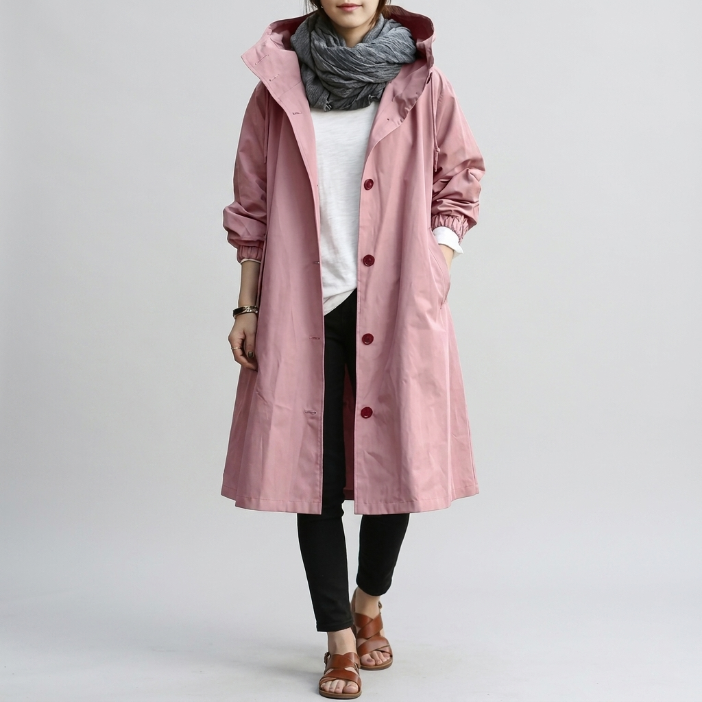 Oversized trenchcoat dames met capuchon, waterafstotende afwerking en elastische manchetten 8