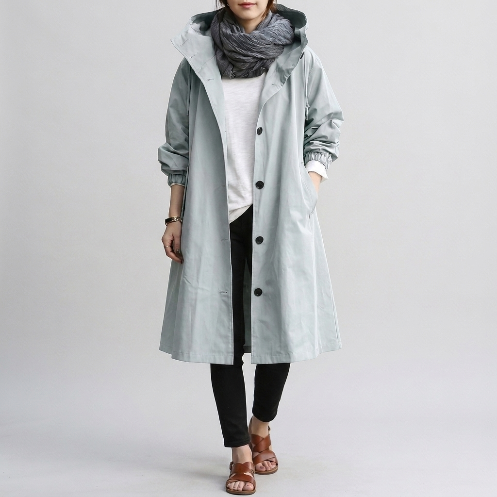 Oversized trenchcoat dames met capuchon, waterafstotende afwerking en elastische manchetten 9