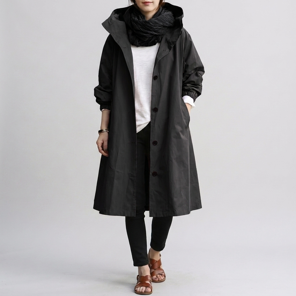 Oversized trenchcoat dames met capuchon, waterafstotende afwerking en elastische manchetten 4