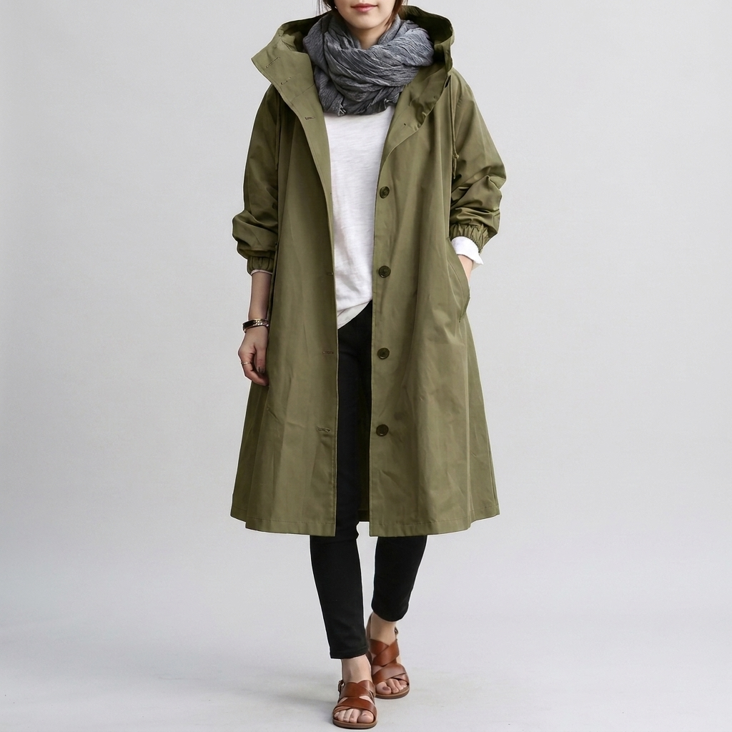 Oversized trenchcoat dames met capuchon, waterafstotende afwerking en elastische manchetten 6
