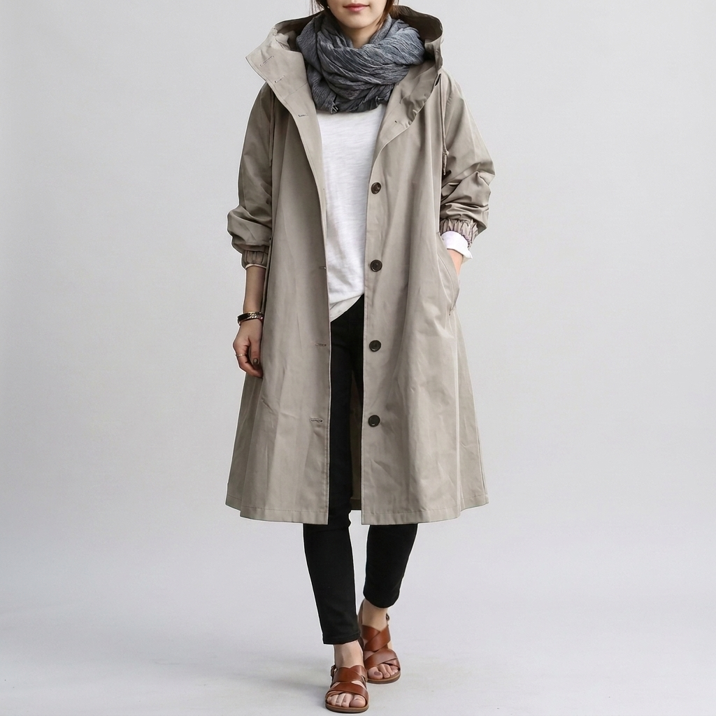 Oversized trenchcoat dames met capuchon, waterafstotende afwerking en elastische manchetten 2