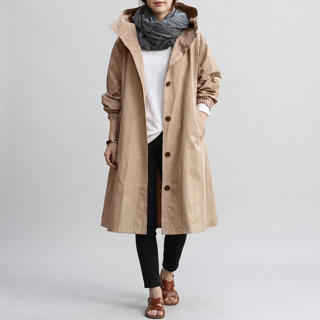 Oversized trenchcoat dames met capuchon, waterafstotende afwerking en elastische manchetten 3