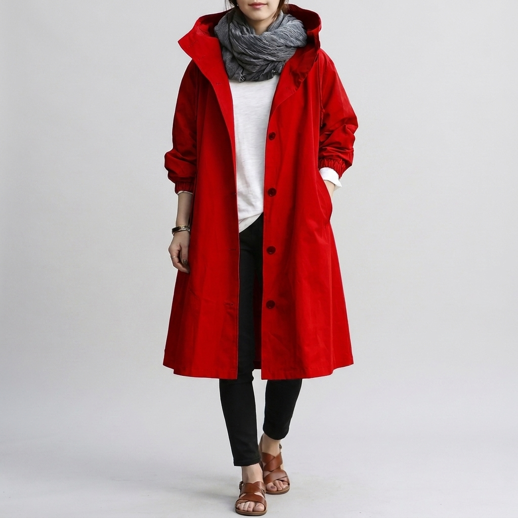 Oversized trenchcoat dames met capuchon, waterafstotende afwerking en elastische manchetten 7