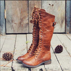 Hoge laarzen dames met veters en gesp, leerlook 1