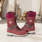Hoge winterlaarzen dames met veters, gebreide boord, gesp en antislipzool 9