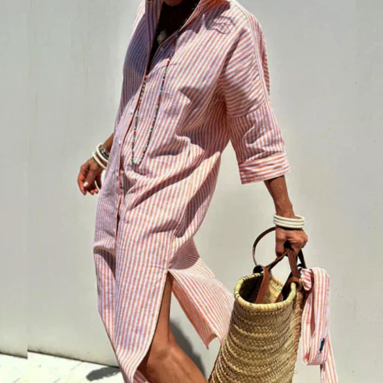 Margot - Gestreepte midi blousejurk met lange mouwen dames