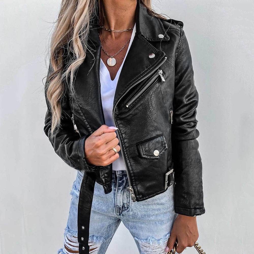 Imitatieleren bikerjack dames met asymmetrische rits en taille-riem 3