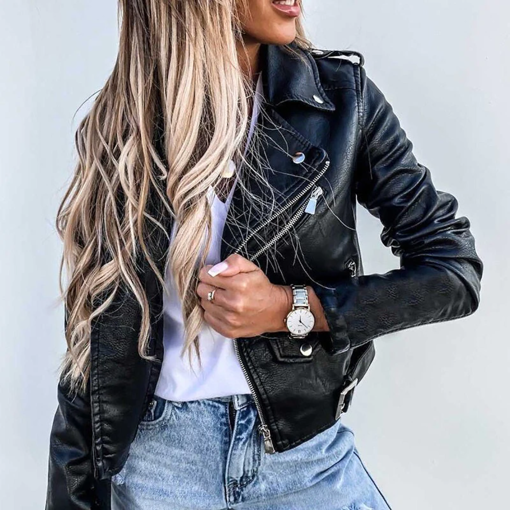 Imitatieleren bikerjack dames met asymmetrische rits en taille-riem 4