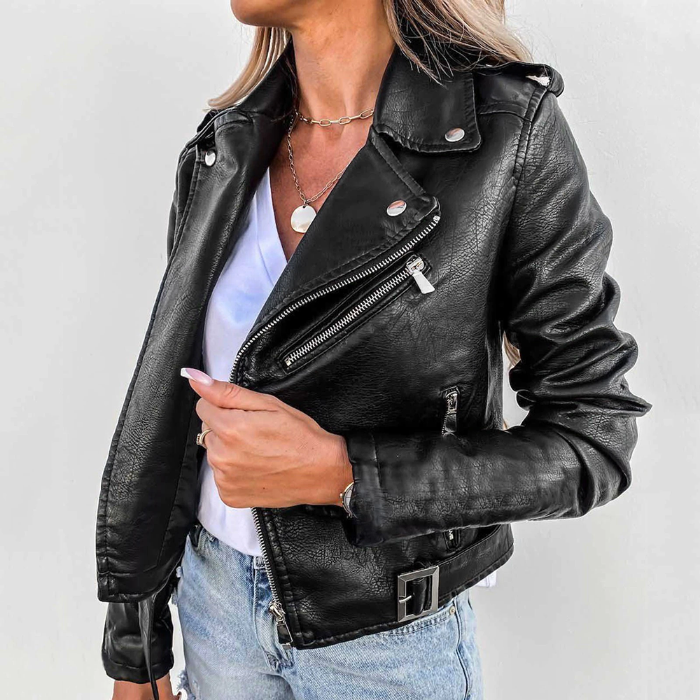 Imitatieleren bikerjack dames met asymmetrische rits en taille-riem 5