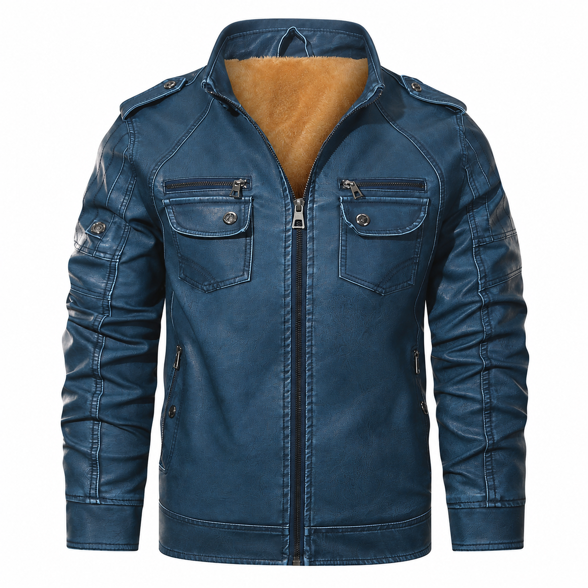 Imitatieleren bikerjas heren gevoerd met teddy voering en staande kraag 2