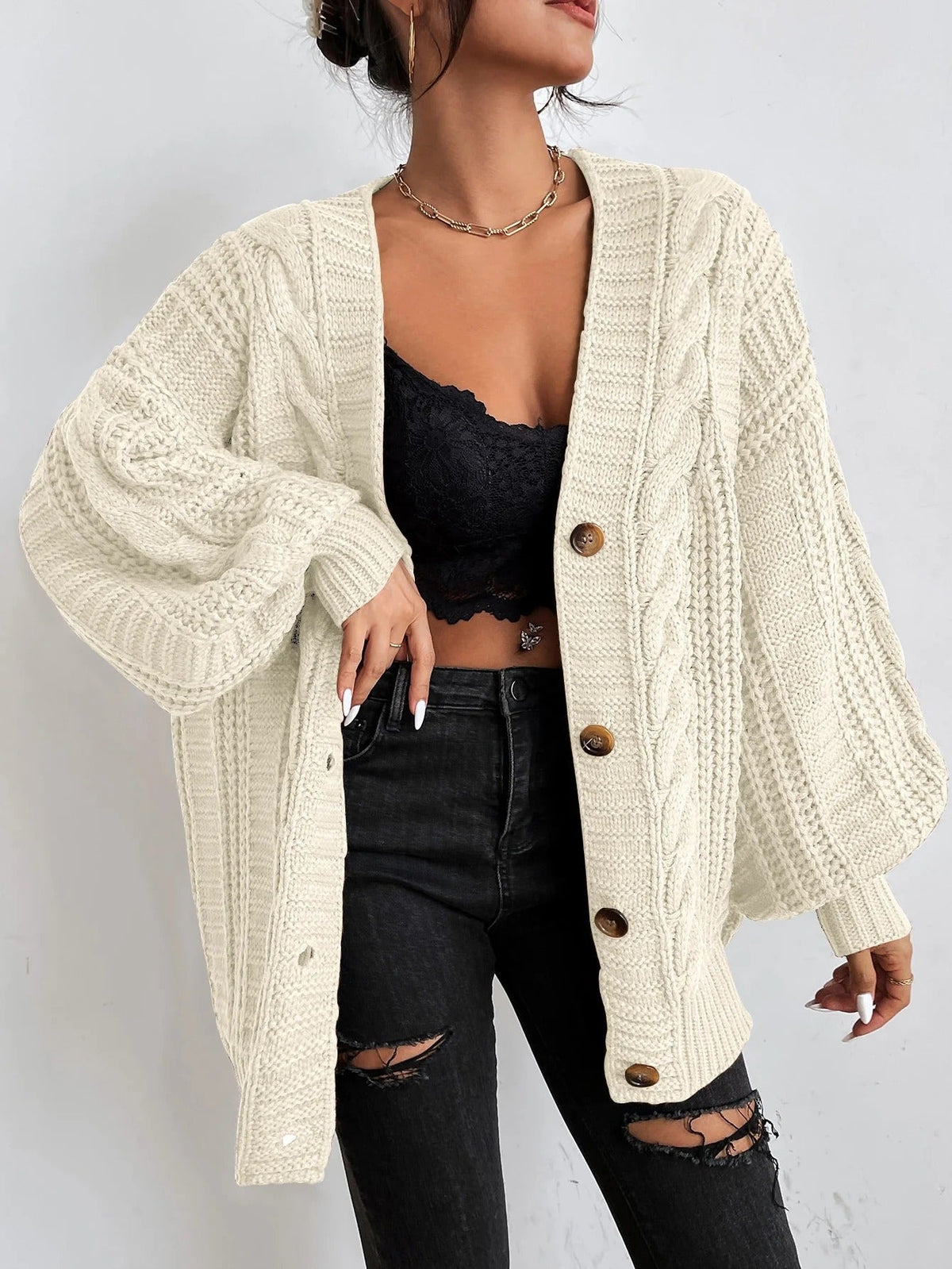 Kabelgebreid vest dames oversized met knoopsluiting 3
